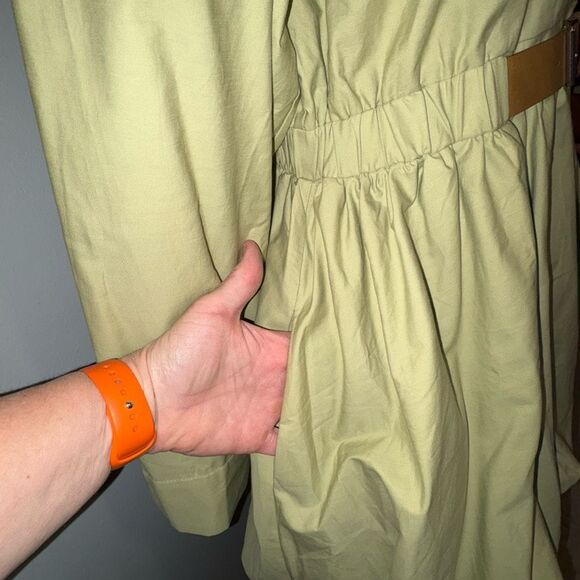 Maeve Anthropologie long sleeve Collared Belted Bubble Hem mini dress green NEW - Picture 3 of 11